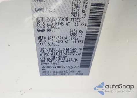 2017 Nissan Pathfinder Sl from USA, damaged, VIN 5N1DR2MN1HC675922